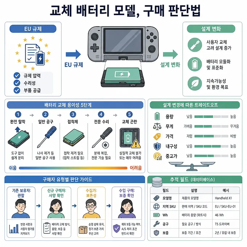 교체 배터리 휴대용 게임기 모델의 EU 규제, 설계 변화, 구매 판단 기준을 정리한 인포그래픽