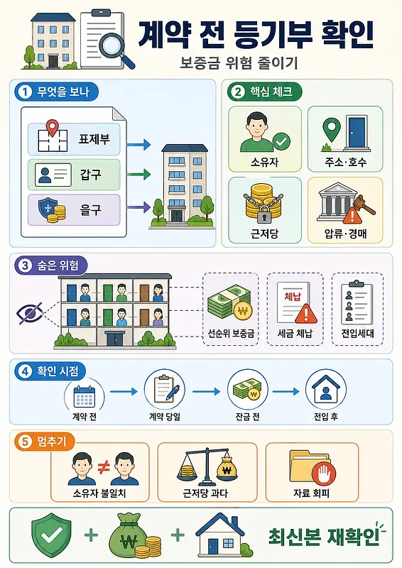 Infografía coreana con secciones del registro, riesgos ocultos y momentos de revisión antes de alquilar