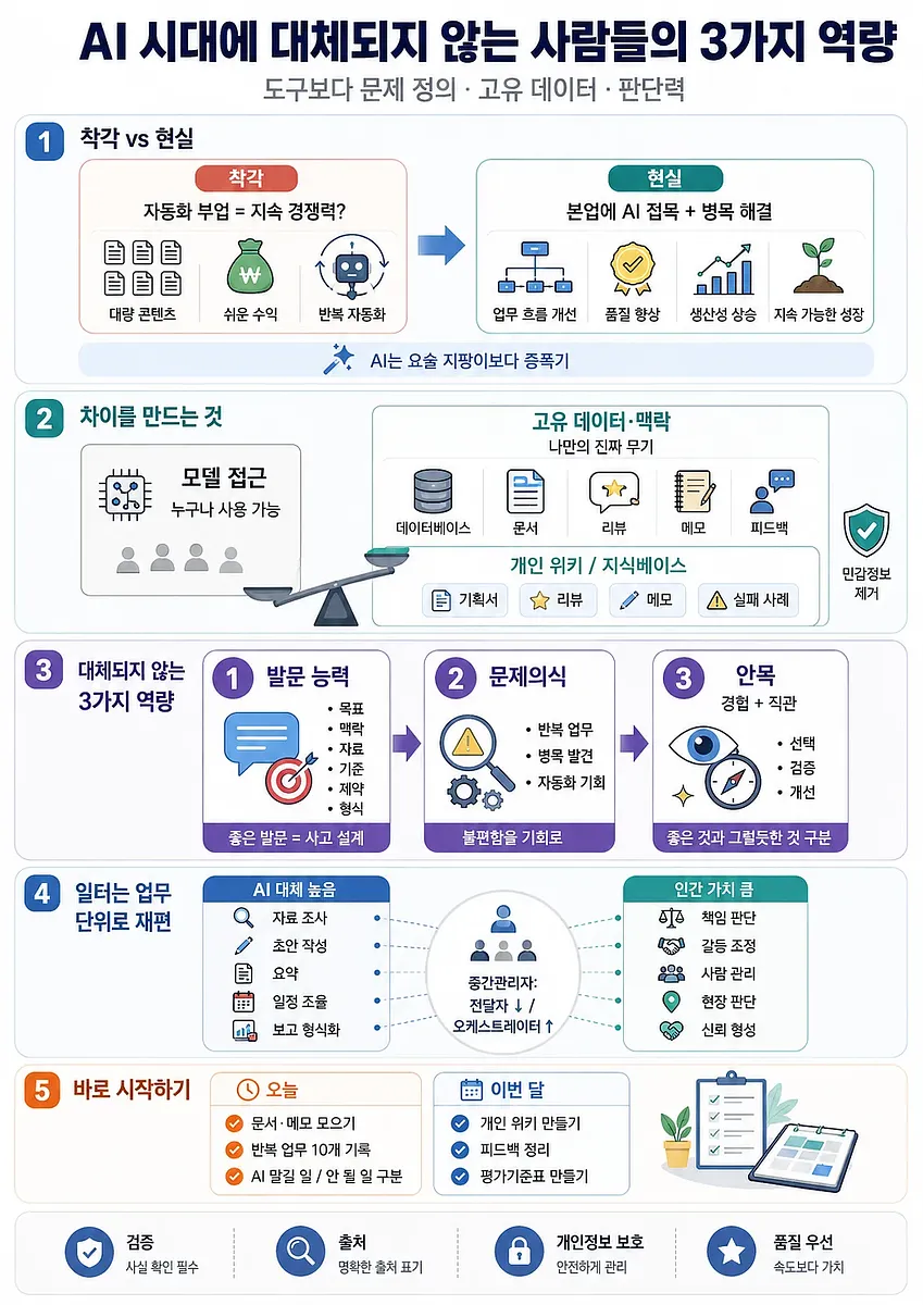 Infographic summarizing AI-era skills: unique data, questioning ability, problem awareness, and judgment