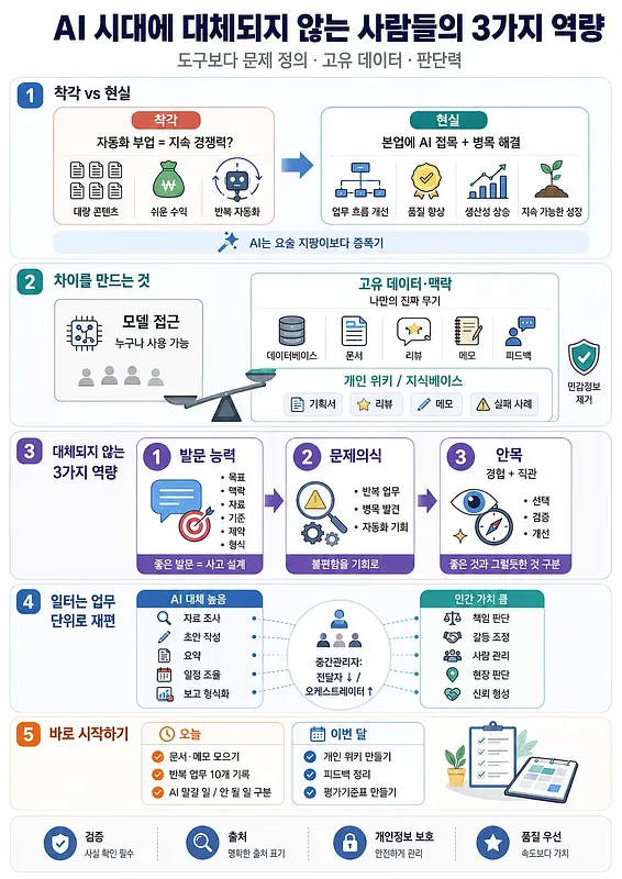 Infografía sobre habilidades clave en la era de la IA: datos propios, preguntas, criterio y visión crítica