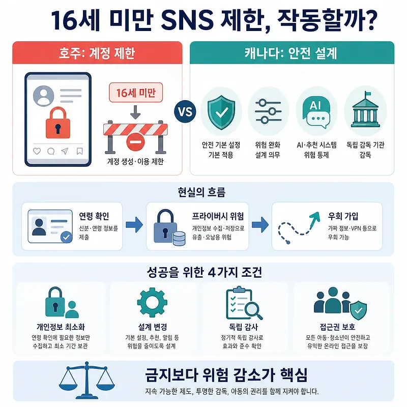 Korean infographic comparing under-16 social media limits in Australia and Canada