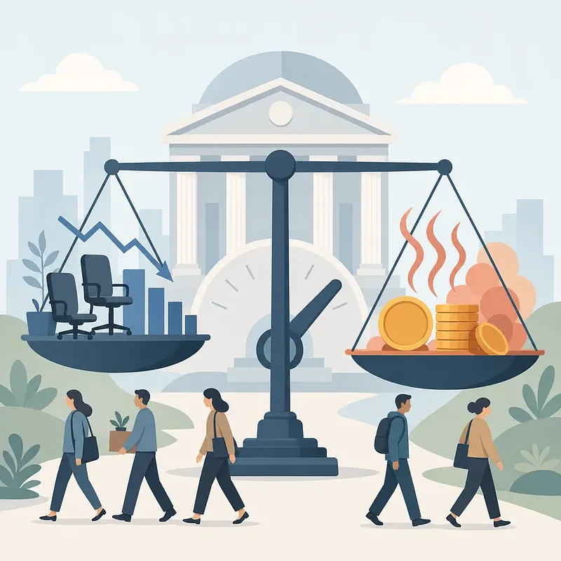 Balance scale before a central bank weighing jobs data against inflation and rate pressures