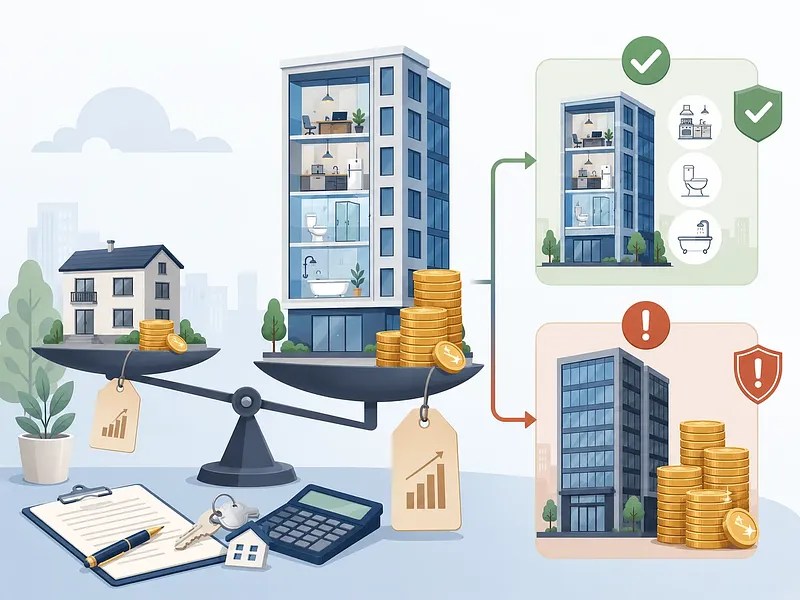 Ilustración vectorial que compara comisiones de corretaje entre una vivienda y un officetel