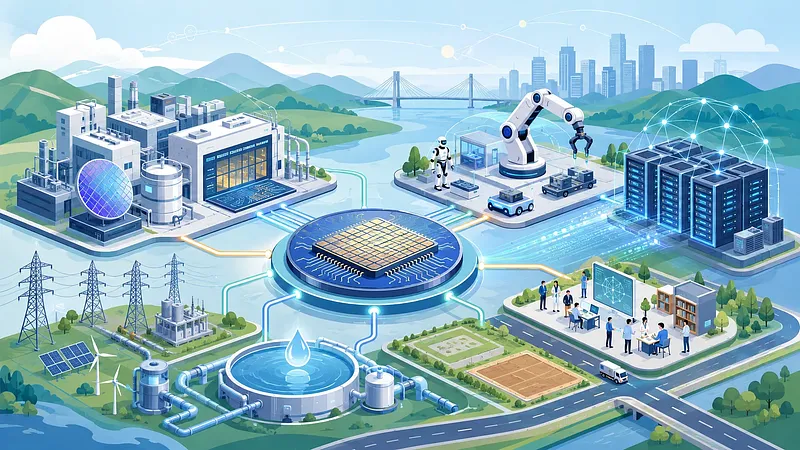 Future industry ecosystem linking a central semiconductor chip with factories, robots, data centers, power and water